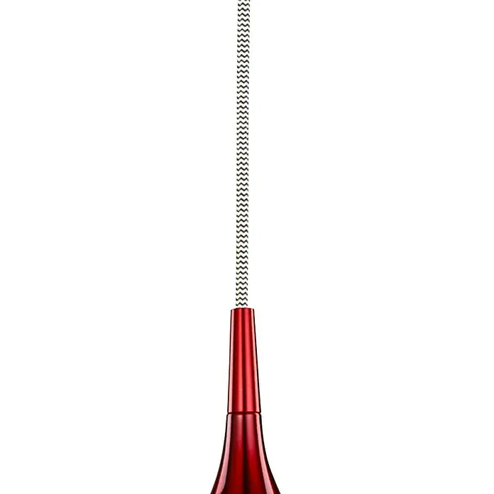 Searchlight Pendelleuchte Vibrant - 40 W, L x B x H: 12 x 12 x 142 cm, Rot, E14, 120 mm - Nahaufnahme einer eleganten, roten Pendelleuchte mit dekorativem Kabel. Das moderne Designelement betont Stil und Funktionalität.
