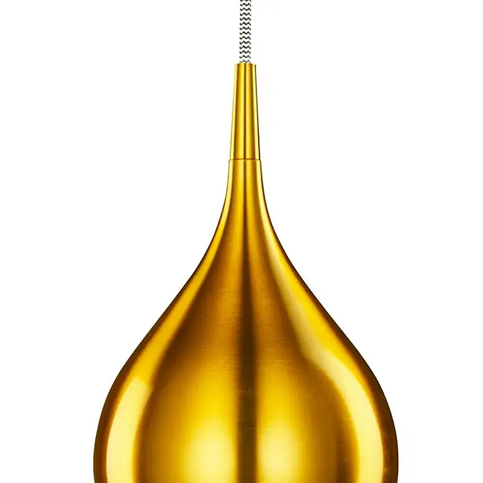 Searchlight Pendelleuchte Vibrant - 60 W, L x B x H: 26 x 26 x 160 cm, Gold, E27, 260 mm - Nahaufnahme einer goldenen Hängelampe mit Textilkabel, die ein warmes Licht abstrahlt.