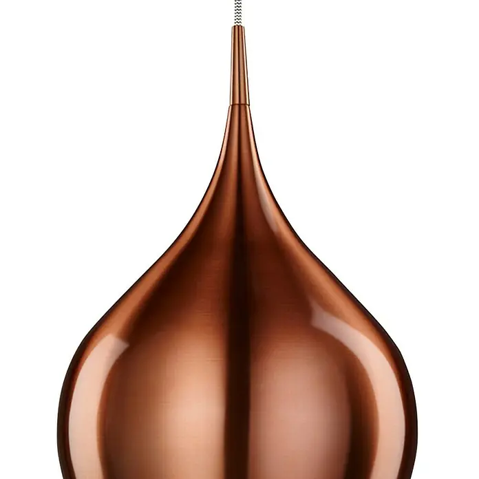 Searchlight Pendelleuchte Vibrant - 60 W, L x B x H: 26 x 26 x 160 cm, Kupfer, E27, 260 mm - Nahaufnahme einer einzelnen Tropfen-Pendelleuchte aus poliertem Kupfer mit einem schlanken, modernen Design und einem dekorativen Kabel.