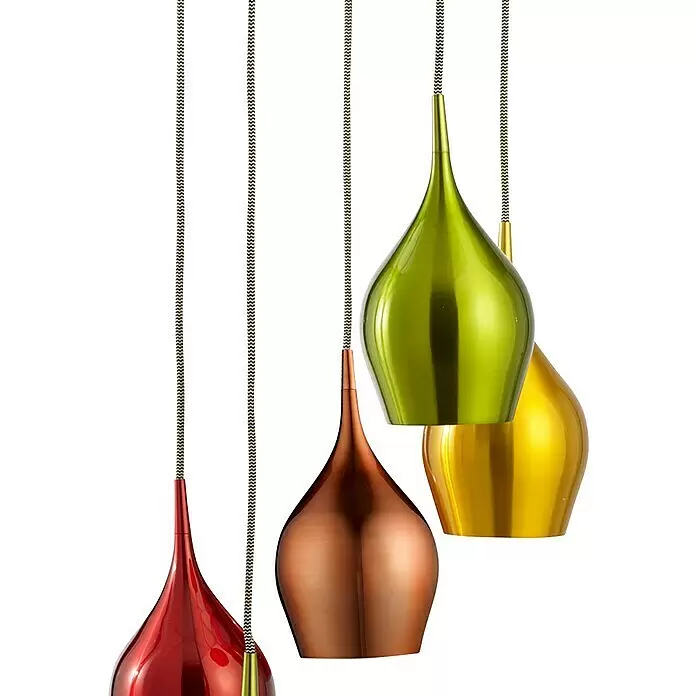 Searchlight Pendelleuchte Vibrant - 200 W, L x B x H: 31 x 30,5 x 160 cm, Bunt, E14 - Vier farbige metallische Hängelampen (rot, kupfer, grün, gold) mit geflochtenen Kabeln.
