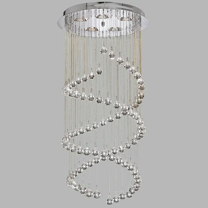Searchlight Pendelleuchte Hallway 1 - 165 W, L x B x H: 39 x 39 x 80 cm, Chrom, G9, Double - Diese Aufnahme zeigt eine elegante spiralförmige Kristall-Hängeleuchte, die ein luxuriöses und modernes Ambiente schafft.