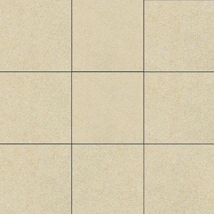 Futura by Palazzo Feinsteinzeugfliese - 60 cm x 60 cm x 9 mm, Glänzend, Beige, Kalibriert - Beige Bodenfliesen mit dunklen Fugen. Das Bild zeigt ein Muster aus quadratischen Fliesen in einem warmen Beigeton.