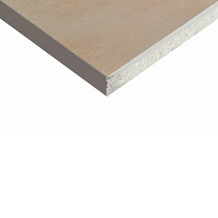 Art-Tec by Palazzo Feinsteinzeugfliese - 60 x 120 cm, Creme, Schimmernd - Nahaufnahme einer Gipskartonplatte, die die Textur und die Schichten des Baumaterials zeigt. Ideal für den Innenausbau.