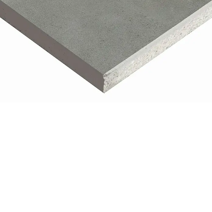 Art-Tec by Palazzo Feinsteinzeugfliese - 60 x 60 cm, Steel, Matt - Nahaufnahme einer grauen Bauplatte mit einer feinporigen Oberfläche und einer weißen Innenschicht. Ideal für den Trockenbau und Innenausbau.