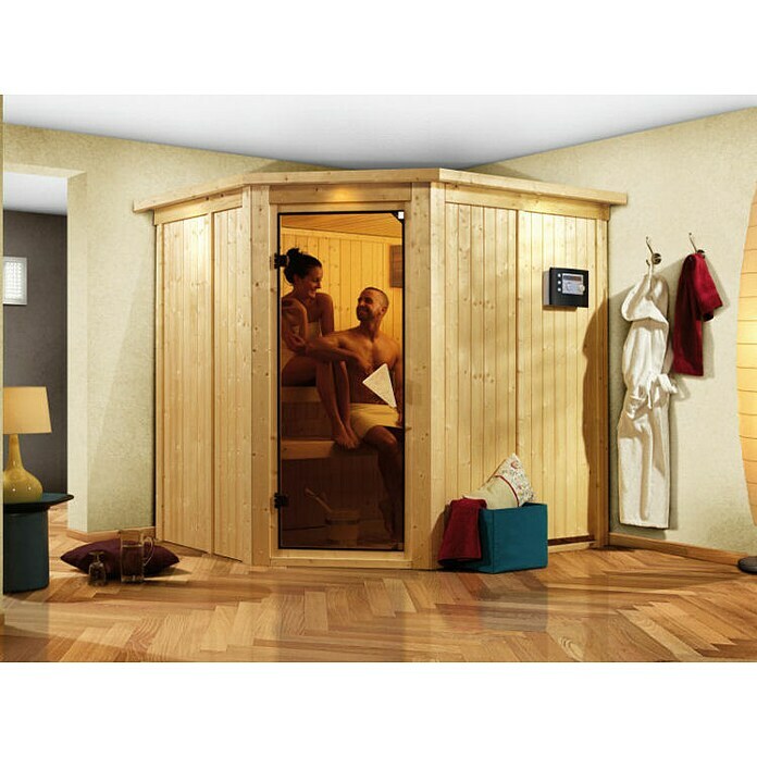Karibu Systemsauna (Ohne Ofen, Mit Dachkranz und Beleuchtung, Ganzglas Bronze, 170 x 196 x 198 cm)