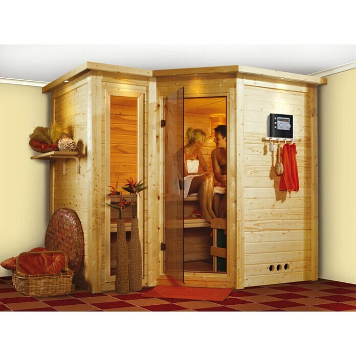 Karibu Massivholzsauna Sahib 2 (Mit 9 kW Saunaofen mit integrierter Steuerung, Mit Dachkranz und Beleuchtung, 184 x 236 x 209 cm)