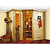 Karibu Massivholzsauna Sahib 2 (Mit 9 kW Saunaofen mit integrierter Steuerung, Mit Dachkranz und Beleuchtung, 184 x 236 x 209 cm)