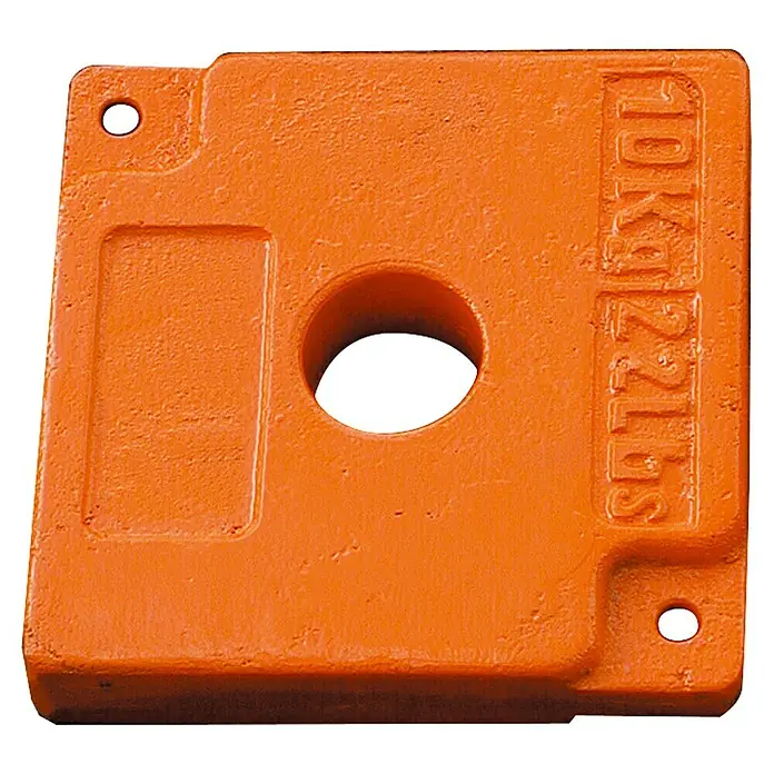 Krause Ballastgewicht - 10 kg - Orangefarbene 10-kg-Gewichtsplatte, ideal für Krafttraining, mit zentralem Loch und Beschriftung.