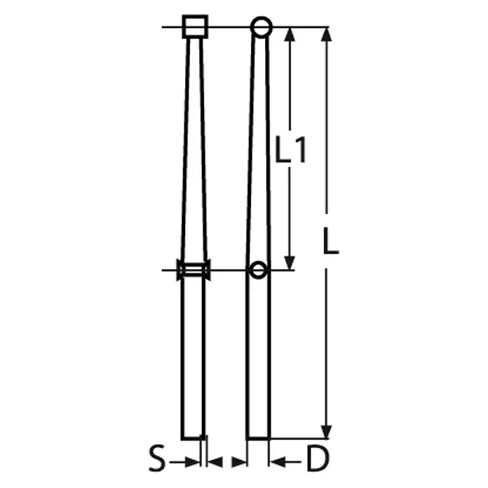 Marinetech Candelero - Largo: 610 mm, Acero inoxidable, A4 - Ilustración de un diseño de producto con dimensiones L, L1, S y D, que detalla sus medidas y proporciones.