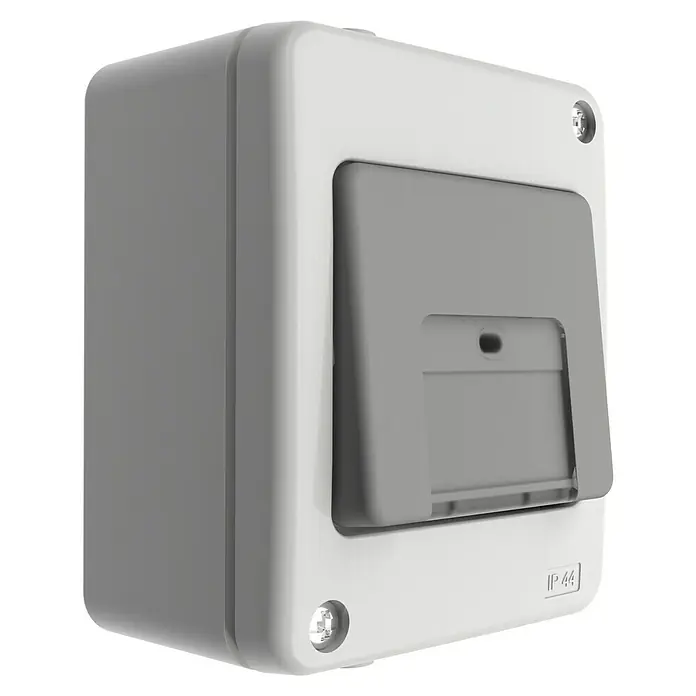 Voltomat FLUID Conmutador con luz para estancias con humedad - Gris, Montaje en superficie, IP44 - Un interruptor gris impermeable IP44 para uso en exteriores. Ideal para un control de energía fiable en diversas condiciones.