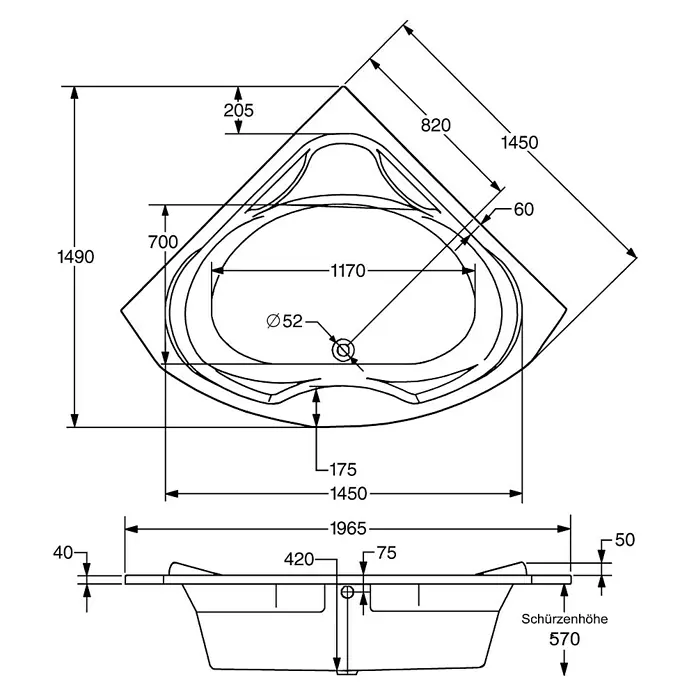 Ottofond Whirlpool Maya - 145 x 145 cm, Sanitäracryl, Weiß, Premium - Technische Zeichnung einer Eckbadewanne mit Maßen, ideal für Badplanung und Renovierung.\n