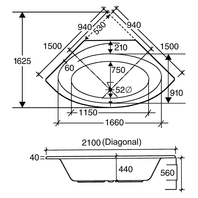 Ottofond Whirlpool Almeria - 150 x 150 cm, Sanitäracryl, Weiß, Exklusiv - Technische Zeichnung eines Eckbadewannen-Designs mit Maßangaben zu Länge, Breite und Höhe.