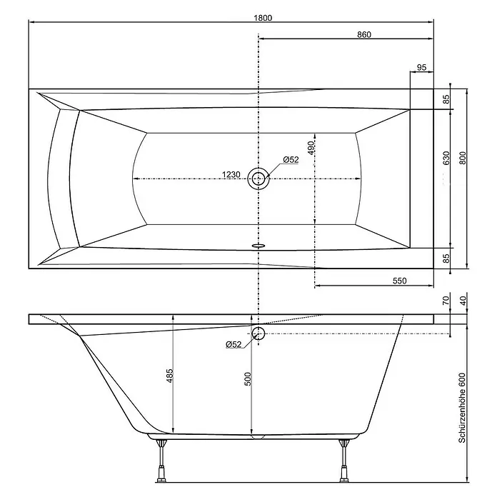 Ottofond Whirlpool Tacoma - 180 x 80 cm, Sanitäracryl, Weiß, Komfort - Abbildung einer freistehenden Badewanne mit detaillierten Maßangaben für Design und Planung.