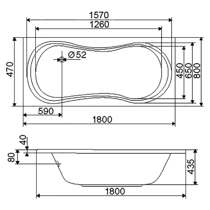 Ottofond Badewanne Vigo - 180 x 80 cm, Sanitäracryl, Weiß - Technische Zeichnung einer Badewanne mit Maßangaben für Installation und Design.