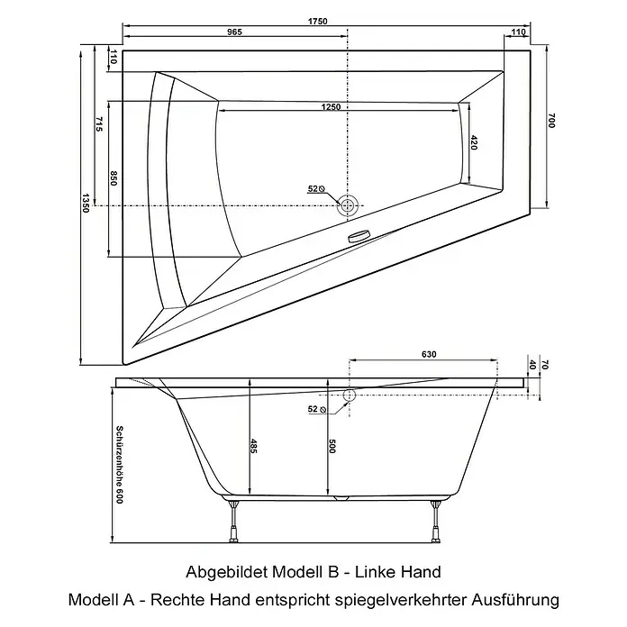 Ottofond Whirlpool Cebu 2 - 175 x 135 cm, Sanitäracryl, Weiß, Exklusiv, Linksseitig - Technische Zeichnung einer asymmetrischen Badewanne mit Maßen, die die Abmessungen und das Design des Produkts hervorheben.