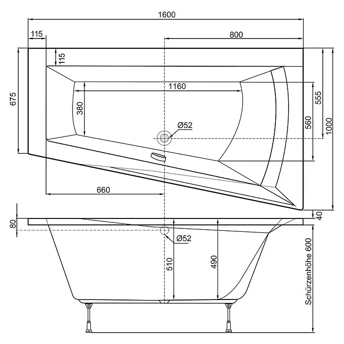 Ottofond Whirlpool Cebu 1 - 160 x 100 cm, Sanitäracryl, Weiß, Premium, Rechtsseitig - Technische Zeichnung einer Badewanne mit den Maßen 1600 x 1000 mm und einer Schürzenhöhe von 600 mm.