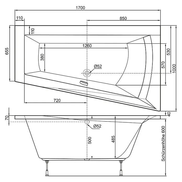 Ottofond Whirlpool Cebu 1 - 170 x 100 cm, Sanitäracryl, Weiß, Exklusiv, Rechtsseitig - Technische Zeichnung einer freistehenden Badewanne mit Maßangaben zu Länge, Breite und Höhe für Installationszwecke.