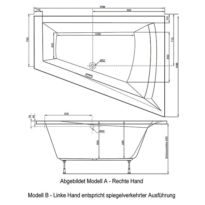 Ottofond Whirlpool Cebu 2 (175 x 135 cm, Sanitäracryl, Weiß, Premium, Rechtsseitig) | BAUHAUS