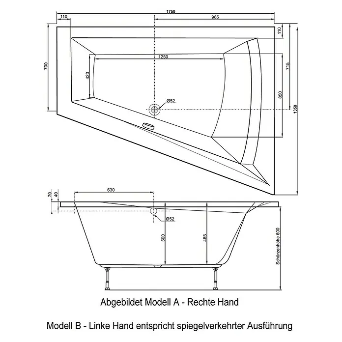 Ottofond Whirlpool Cebu 2 - 175 x 135 cm, Sanitäracryl, Weiß, Komfort, Rechtsseitig - Technische Zeichnung einer Badewanne Modell A mit rechten Handlauf, Maße und Details für Installation.