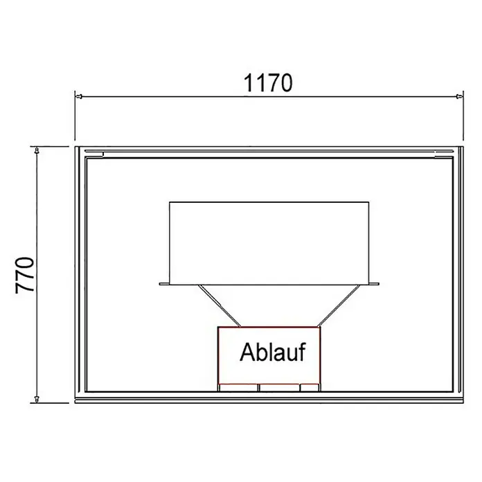 Ottofond Duschwannenträger Coco-R - L x B: 117 x 77 cm, Expandiertes Polystyrol, Weiß - Draufsicht einer Duschwanne mit den Maßen 1170 x 770 mm und der Bezeichnung "Ablauf" für den Wasserabfluss.
