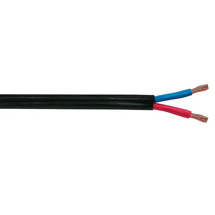 Niedervoltleitung Meterware LI2GY-W 2x2,5 mm² - Anzahl Adern: 2, 2,5 mm², Schwarz - Nahaufnahme eines schwarzen Stromkabels mit freiliegenden roten und blauen Drähten, die für elektrische Verbindungen vorbereitet sind.