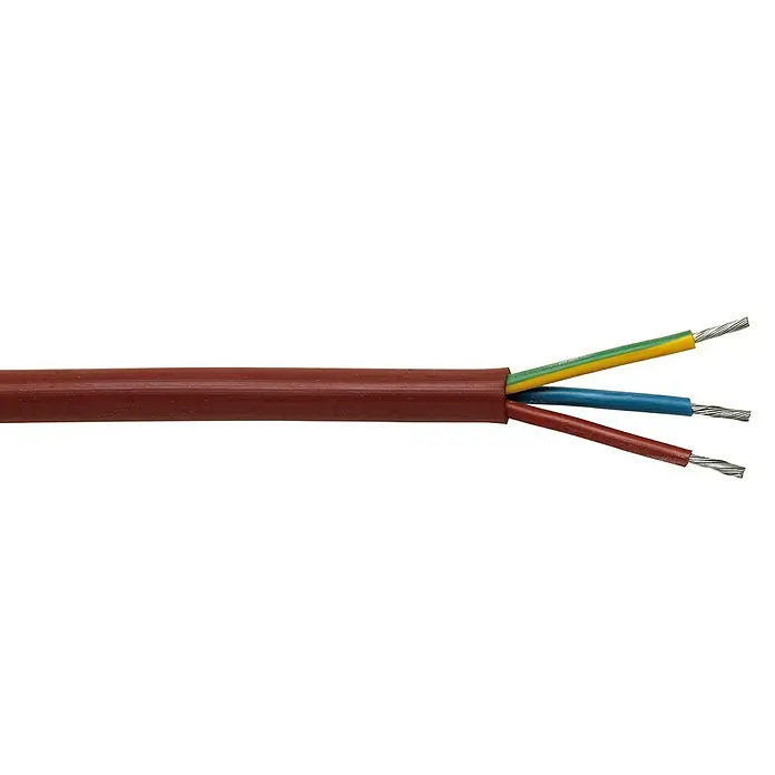 Silikonleitung Meterware SIHF 3G1,5 - Rotbraun - Das Bild zeigt ein braunes Stromkabel mit freiliegenden farbigen Adern (gelb/grün, blau und rot) und blanken Drahtenden.
