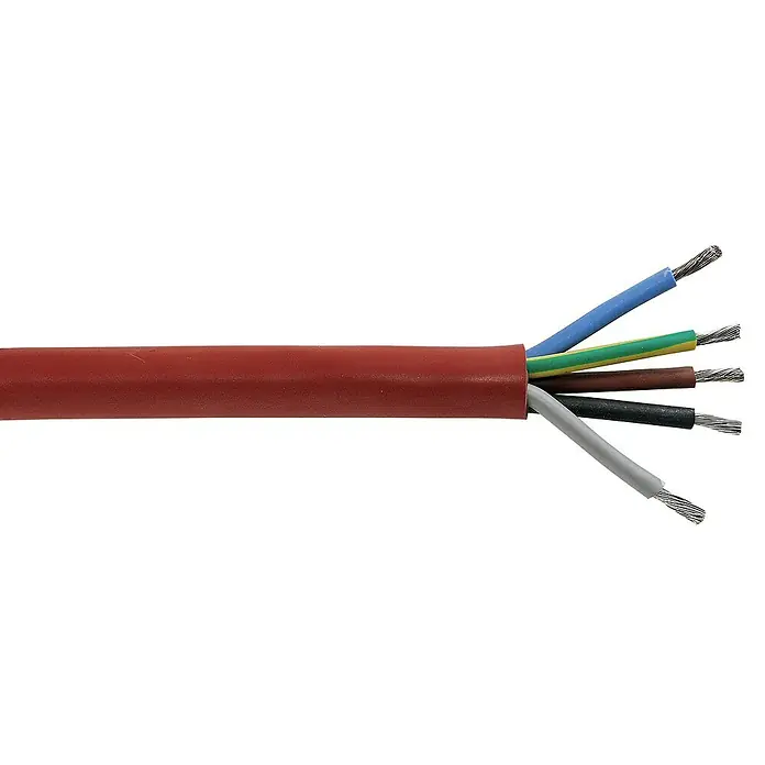 Silikonleitung Meterware SIHF 5G2,5 - Rotbraun - Nahaufnahme eines flexiblen, mehradrigen Kabels mit farbcodierten Adern und rotem Mantel, ideal für vielseitige elektronische Anwendungen.
