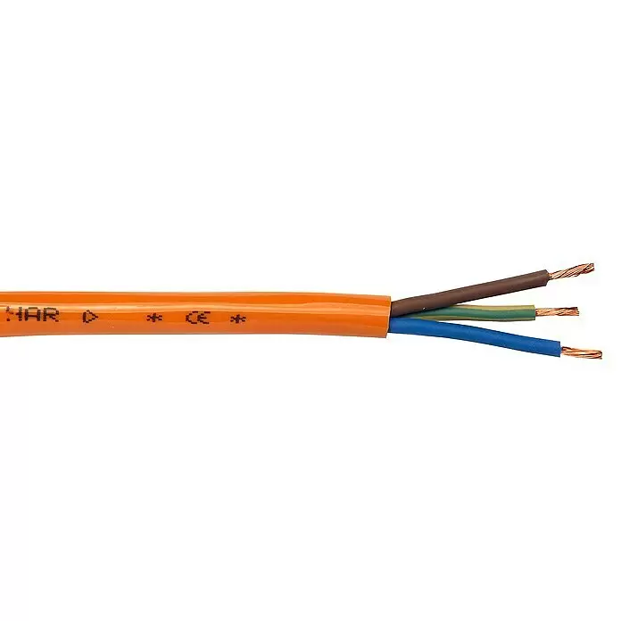 Anschlussleitung Meterware Polyurethanleitung PUR 3G1,5 - Orange, Anzahl Adern: 3 - Orangefarbenes Elektrokabel mit abisolierter Ummantelung, das drei Adern (braun, grün/gelb, blau) und Kupferlitzen zeigt.