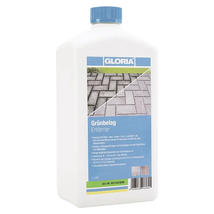 Gloria Grünbelag-Entferner - 1.000 ml - Flasche Gloria Grünbelag Entferner, geeignet für Holz, Glas, Beton, Putz, Kunststoff und Keramik. Beseitigt Algen und Grünbeläge kraftvoll.