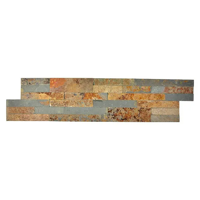 Selbstklebemosaik Gold Rush - 15 x 60 cm, Beige/Braun, Matt - Natursteinwandverkleidung mit braunen, grauen und orangefarbenen Steinen für eine rustikale Wandgestaltung.