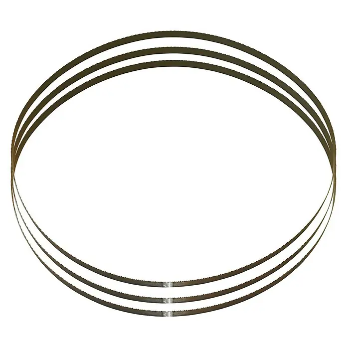 Güde Bandsägeblatt - Anzahl Zähne: 6 Stk., Passend für: Güde Metallbandsäge MBS 125 V - Bild von drei Bandsägeblättern. Sie sind ringförmig und haben Zähne. Das Bild ist auf schwarzem Hintergrund aufgenommen.