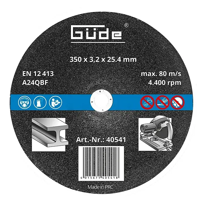 Güde Trennscheibe - Geeignet für: Metall, Durchmesser Scheibe: 350 mm, Stärke Scheibe: 3 mm - Abbildung einer Güde Trennscheibe, 350 x 3,2 x 25.4 mm, ideal zum Schneiden von Metall mit einer maximalen Drehzahl von 4.400 U/min.