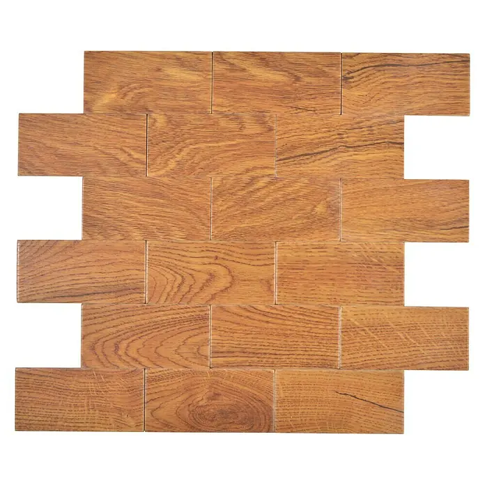 Selbstklebemosaik SAM 4SW8E - 30 x 30 cm, Braun, Matt - Detailaufnahme eines Mosaiks aus hellbraunen Holzfliesen, das eine natürliche und warme Textur für Innenräume bietet.
