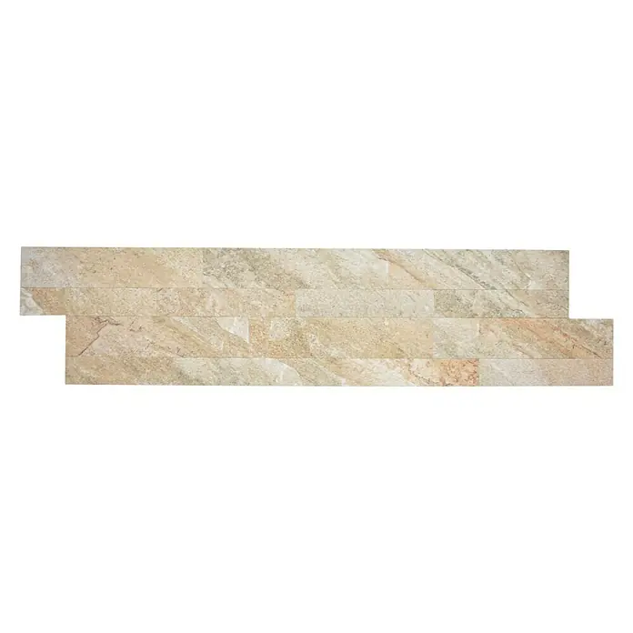 Selbstklebemosaik SAM 4WV3BV - 15,2 x 60 cm, Gold, Matt - Nahaufnahme einer Dekorplatte aus Naturstein in warmen Beigetönen, die eine elegante Wandverkleidungslösung bietet.