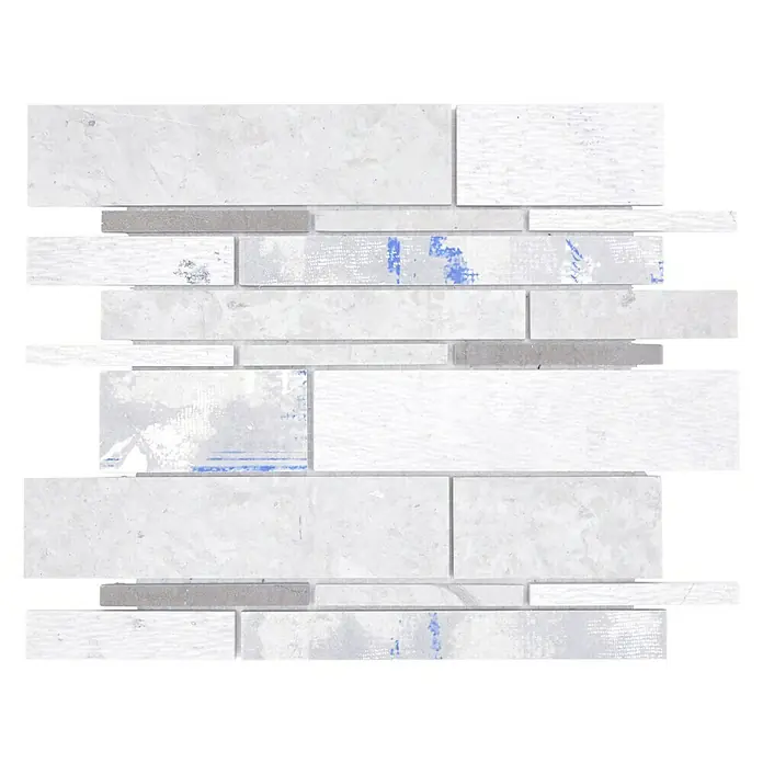 Mosaikfliese Verbund Mix MTS STG D09 - 25,5 x 30 cm, Grau, Matt - Ein Mosaikfliesen-Design in Weiß- und Grautönen mit subtilen blauen Akzenten, ideal für moderne Innenräume und zur stilvollen Wandgestaltung.