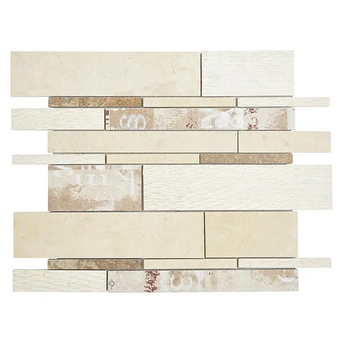 Mosaikfliese Verbund Mix MTS STB B03 - 25,5 x 30 cm, Beige/Braun, Matt - Beigefarbene Wandfliese mit horizontalem Muster. Die Fliese ist eine Mischung aus verschiedenen Materialien, darunter Stein und Holz.