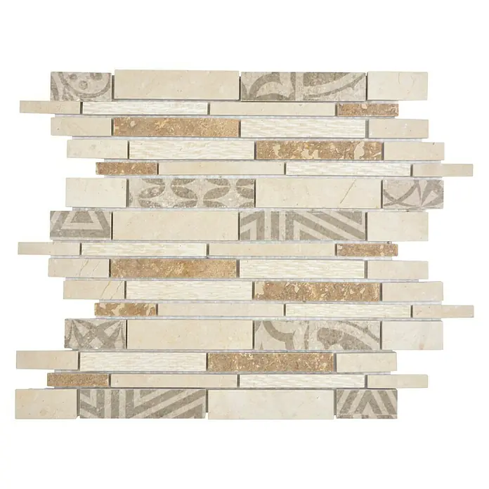 Mosaikfliese Verbund Mix MTS 27B B03 - 27 x 30 cm, Beige/Braun, Matt - Nahaufnahme eines dekorativen Mosaiks mit beigen und braunen Steinen in einem stilvollen, horizontalen Muster.