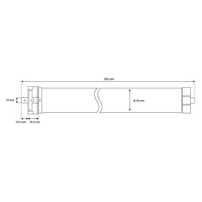 Schellenberg Funk-Rohrmotor Premium 10 MaxiMax. Rollladenfläche: 4,2 m² bei Kunststoffrollläden, Einbaulänge: 555 mm, Zugkraft: 20 kg Sketch