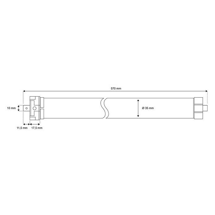 Schellenberg Funk-Rohrmotor Premium 10 MiniMax. Rollladenfläche: 6 m² bei Kunststoffrollläden, Einbaulänge: 570 mm, Zugkraft: 25 kg Sketch