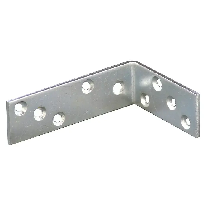 Stabilit Escuadra para vigas - 120 x 80 x 35 mm, Acero, Plateado - Un soporte de ángulo metálico plateado con múltiples agujeros, diseñado para conexiones y construcciones de madera.