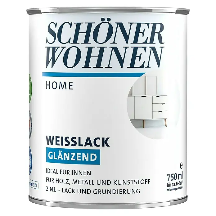 SCHÖNER WOHNEN-Farbe Home WeißlackReinweiß, Glänzend, 750 ml, Wasserbasiert - Dose Schöner Wohnen Home Weißlack glänzend, 750ml für Holz, Metall und Kunststoff. Ideal für Innen mit Lack und Grundierung.