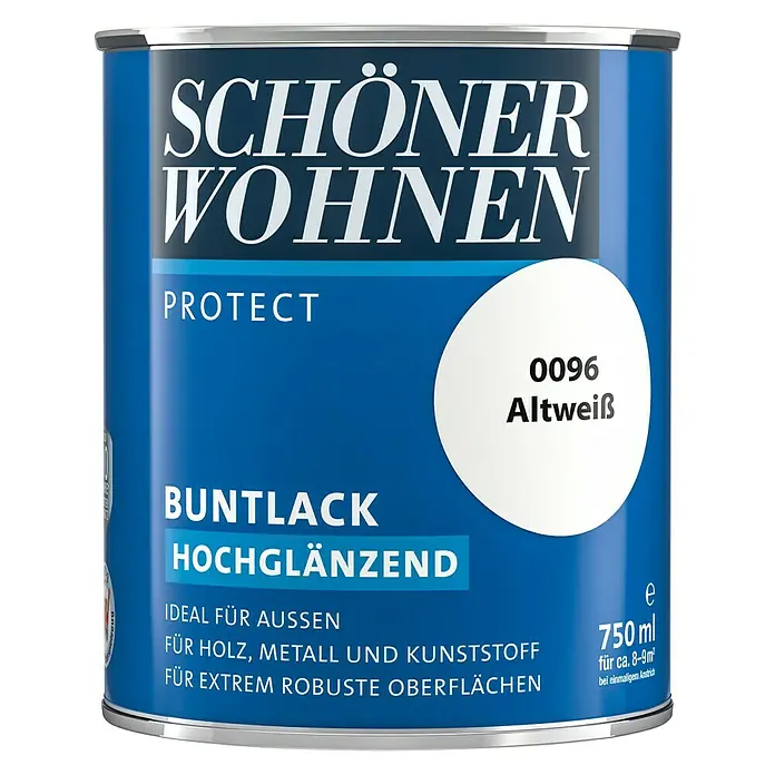 SCHÖNER WOHNEN-Farbe Protect Buntlack - Altweiß, Hochglänzend, 750 ml, Lösemittelbasiert - Dose Schöner Wohnen Buntlack Hochglänzend Protect 0096 Altweiß, ideal für Holz, Metall und Kunststoff, mit 750 ml Inhalt.