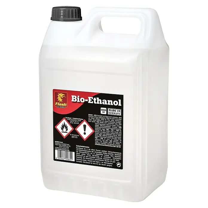 Flash Bioethanol - 5 l - Produktfoto von einem 5-Liter-Kanister Bio-Ethanol von Flash All Seasons, hergestellt in Deutschland.