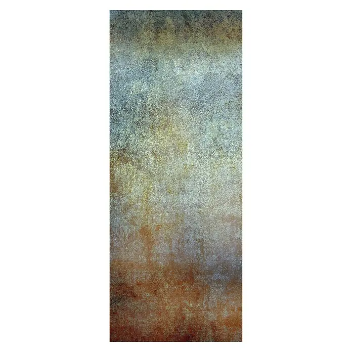 SanDesign Acryl-Verbundplatte - 100 x 250 cm, Colored Rust - Abstraktes Bild einer Wand mit Farbverläufen von Grau, Gelb zu Rostrot, die eine interessante Textur und Tiefe erzeugen.