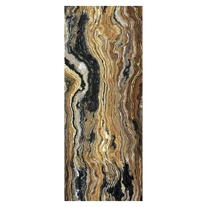 SanDesign Acryl-Verbundplatte - 100 x 250 cm, Colored Onyx - Abstraktes Muster in Gold-, Schwarz- und Grautönen, das die einzigartige Textur dieses dekorativen Marmors hervorhebt.