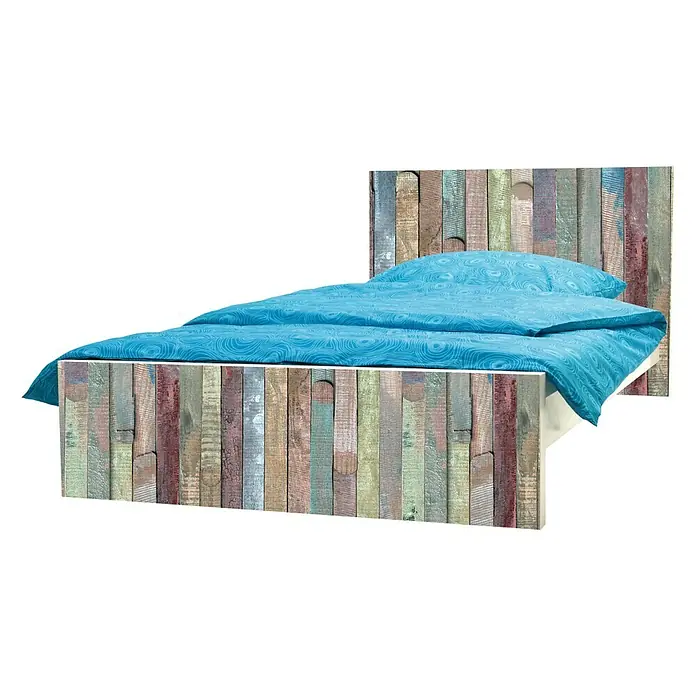 D-c-fix Dekore Holzoptikfolie Meterware Rio - Breite: 45 cm, Bunt, Selbstklebend - Bett mit blauem Bezug und Holzpaneel-Design. Das farbenfrohe Bettgestell ist ein echter Hingucker im Schlafzimmer.