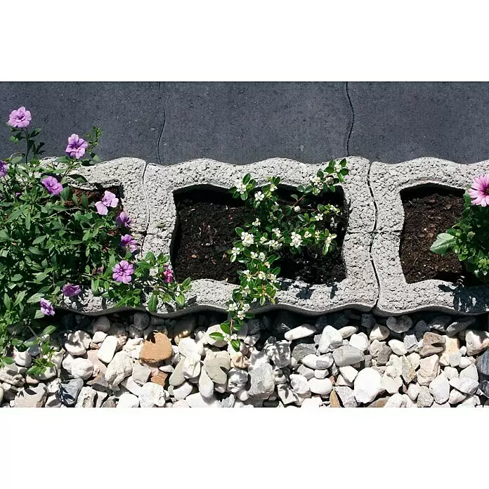 Christoph Pflanzstein Rasterstein - Grau, 30 x 20 x 20 cm, Beton - Graue, wellenförmige Beton-Pflanzsteine als Gartenbegrenzung mit verschiedenen Blumen und Pflanzen.