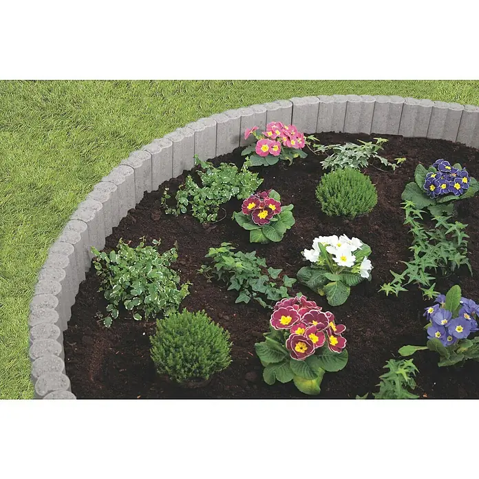 Christoph Palisaden-Randstein - Grau, 9 x 6 x 15 cm, Beton - Der runde erhöhte Garten mit Steinbegrenzung ist bepflanzt mit einer Vielzahl von bunten Blumen und grünen Pflanzen. Ideal für jeden Garten.
