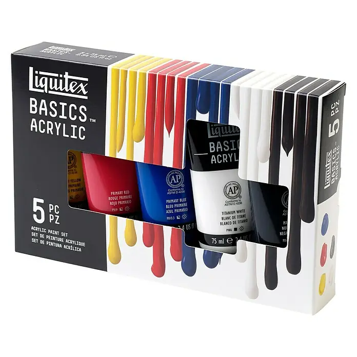 Liquitex Basics Acrylfarben-Set - Farbig sortiert, 5 Stk. x 75 ml, Tube - Liquitex BASICS Acrylfarben-Set mit fünf Tuben in Primärfarben und Schwarz/Weiß für Künstler und Hobbyanwender.