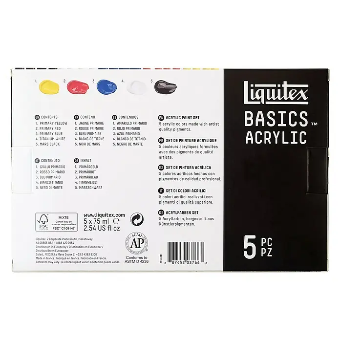 Liquitex Basics Acrylfarben-Set - Farbig sortiert, 5 Stk. x 75 ml, Tube - Liquitex Basics Acrylfarben-Set mit 5 Farben. Ideal für Künstler, mit hochwertigen Pigmenten für lebendige Kunstwerke.